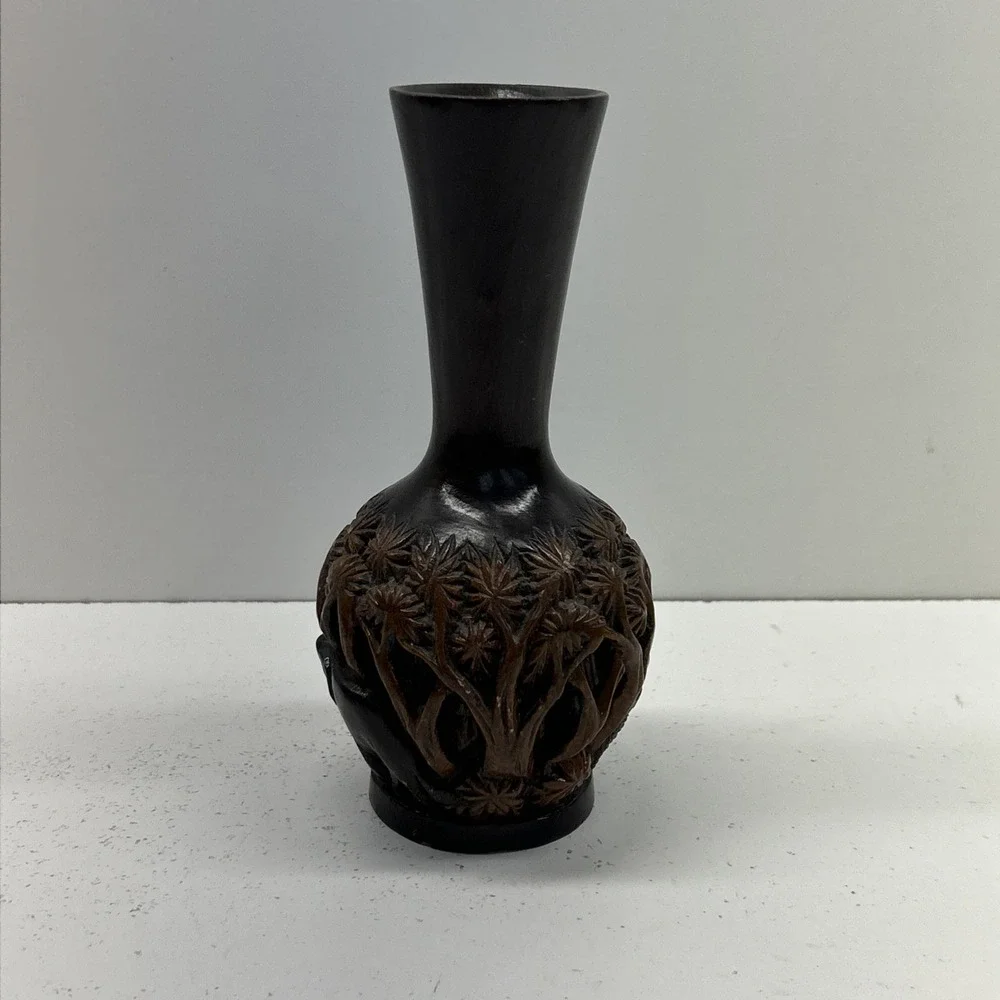 Vintage Teak Wood Hand Carved‎ Laquered 3D Elephant Vase 8